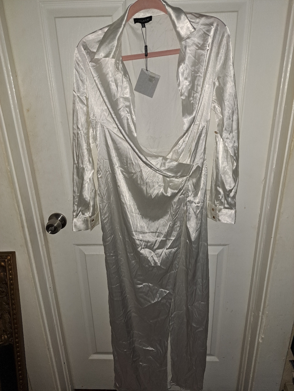 JLUXLABEL Ivory Satin Long Sleeve Wrap-Style Maxi Dress